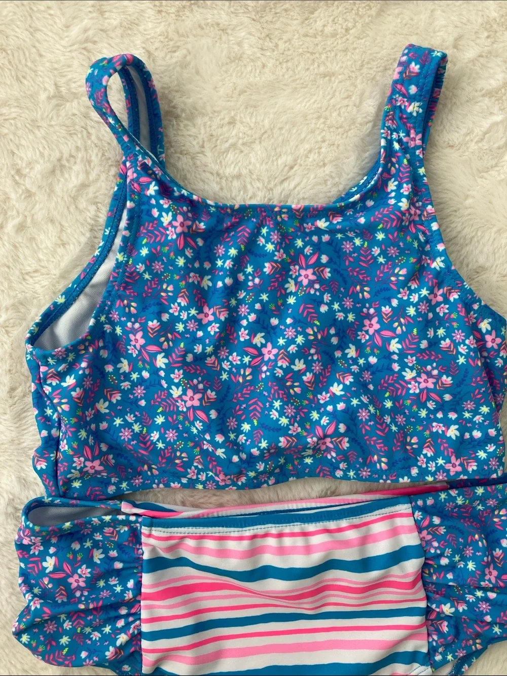 SALE! Tommy Bahama Girls Floral Top & Striped High-Waist Bikini Blue & Pink 12